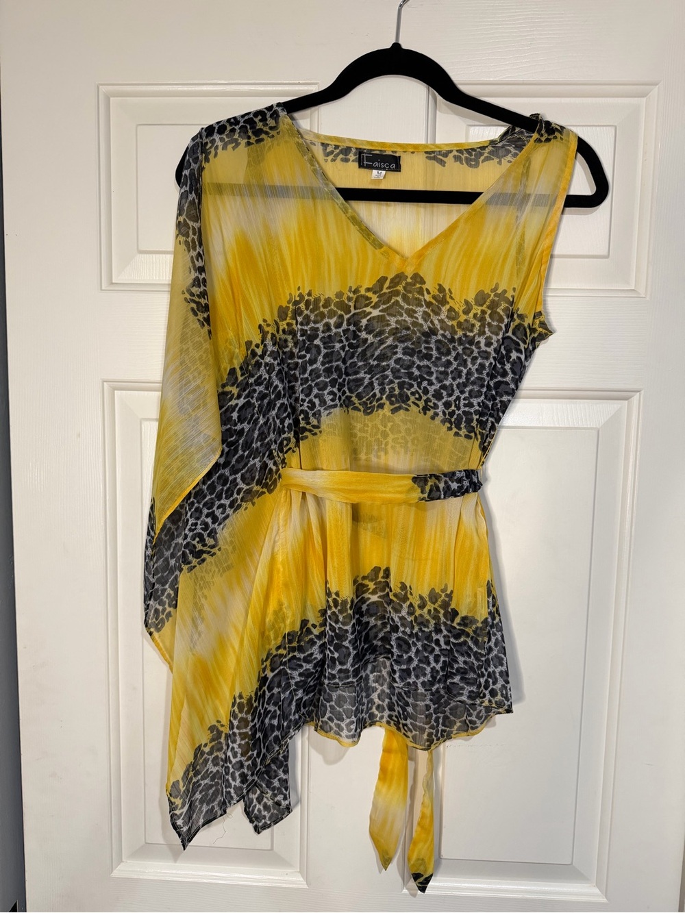 Yellow Animal-Print Sheer Asymmetric Blouse
